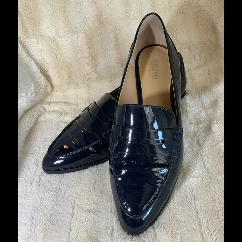 Michael Kors Navy Patent Leather Penny Loafers